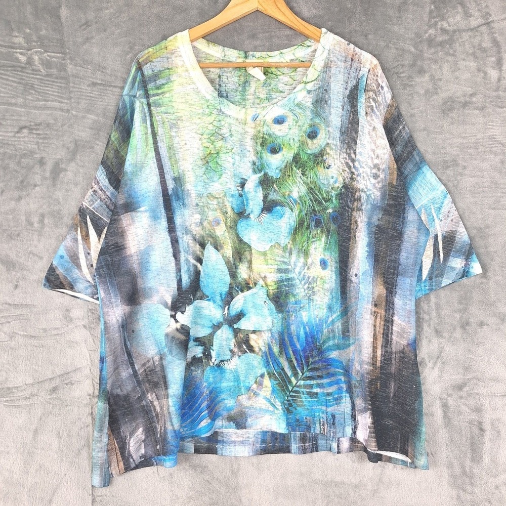 Jess & Jane Top Womens XL Artsy Floral Boho Beach Coastal Oversized Abstract